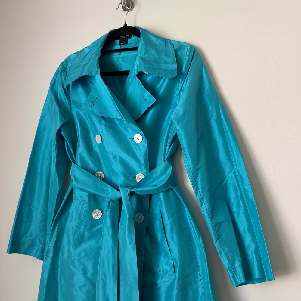 As Four Kate Spade 2005 Collab 100% Silk Teal Short Double-Breasted Trench Coat - Picture 10 of 14